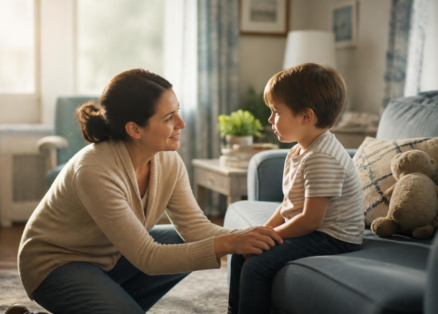 A caring adult comforting a young child in a bright, calm room