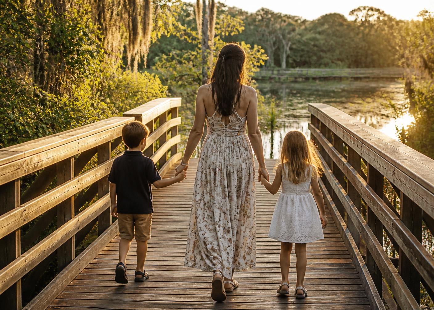 A family walking together along a quiet path at golden hour