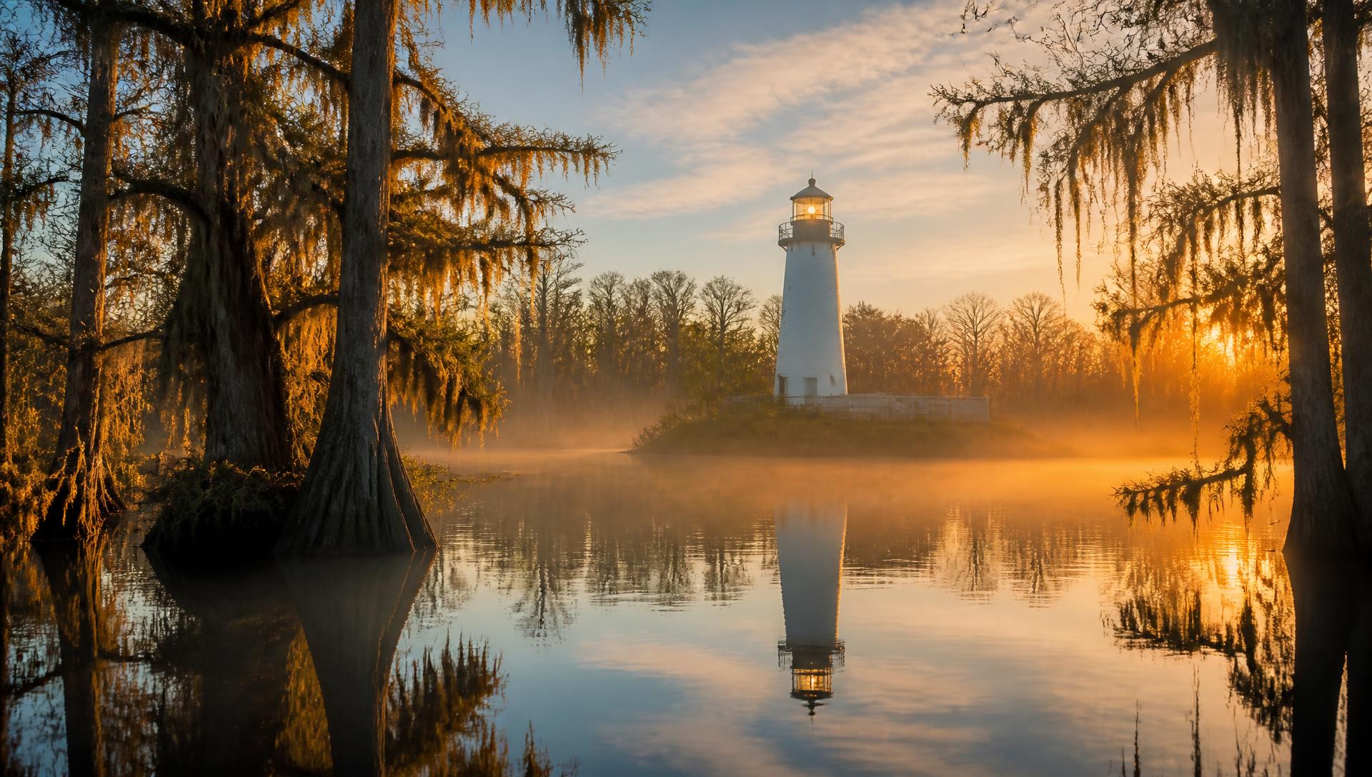 A lighthouse glowing over a calm South Louisiana bayou at golden hour
