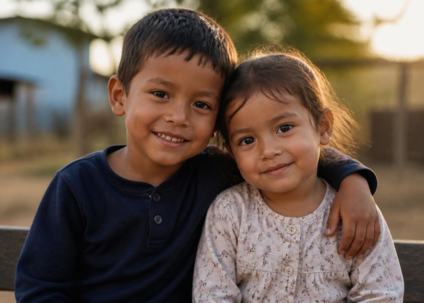 A brother and sister sitting close together in warm evening light